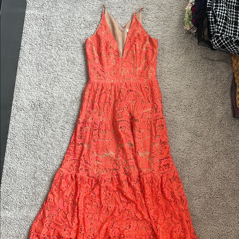 Dress The Population Coral and Gold Lace Maxi Dress